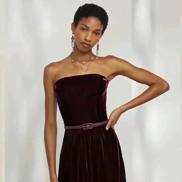 Ralph Lauren Collection Velvet Cocktail Dress 12 Maroon Red Midi Strapless Silk - Picture 3 of 12